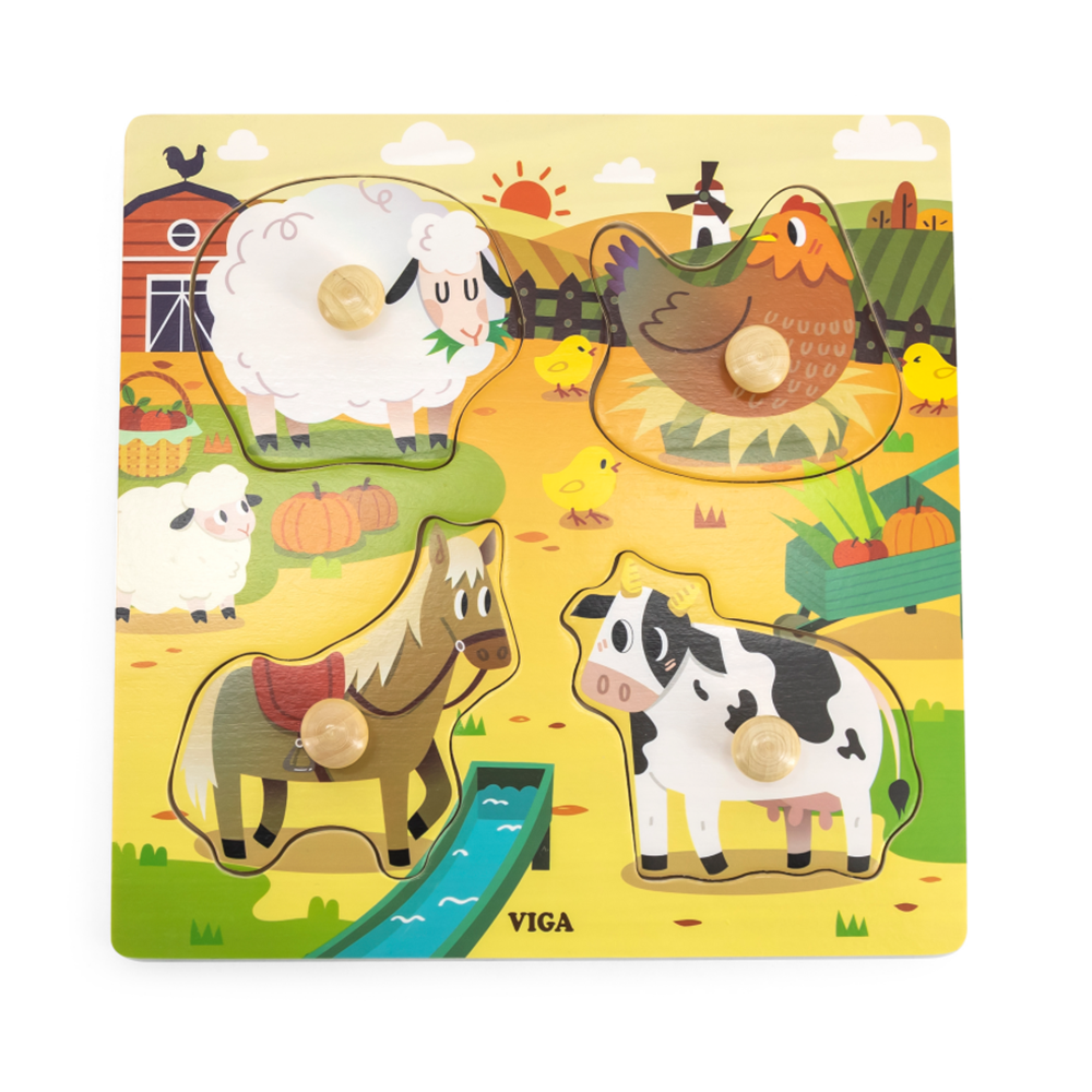 [6971608445927] Wooden Knob Puzzle: Farm Animals - Viga 44592
