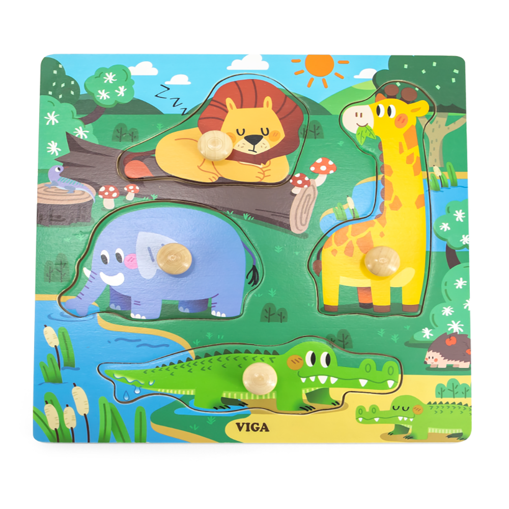 [6971608445934] Flat Puzzle w/Wooden Knob: Wild Animals - Viga 44593
