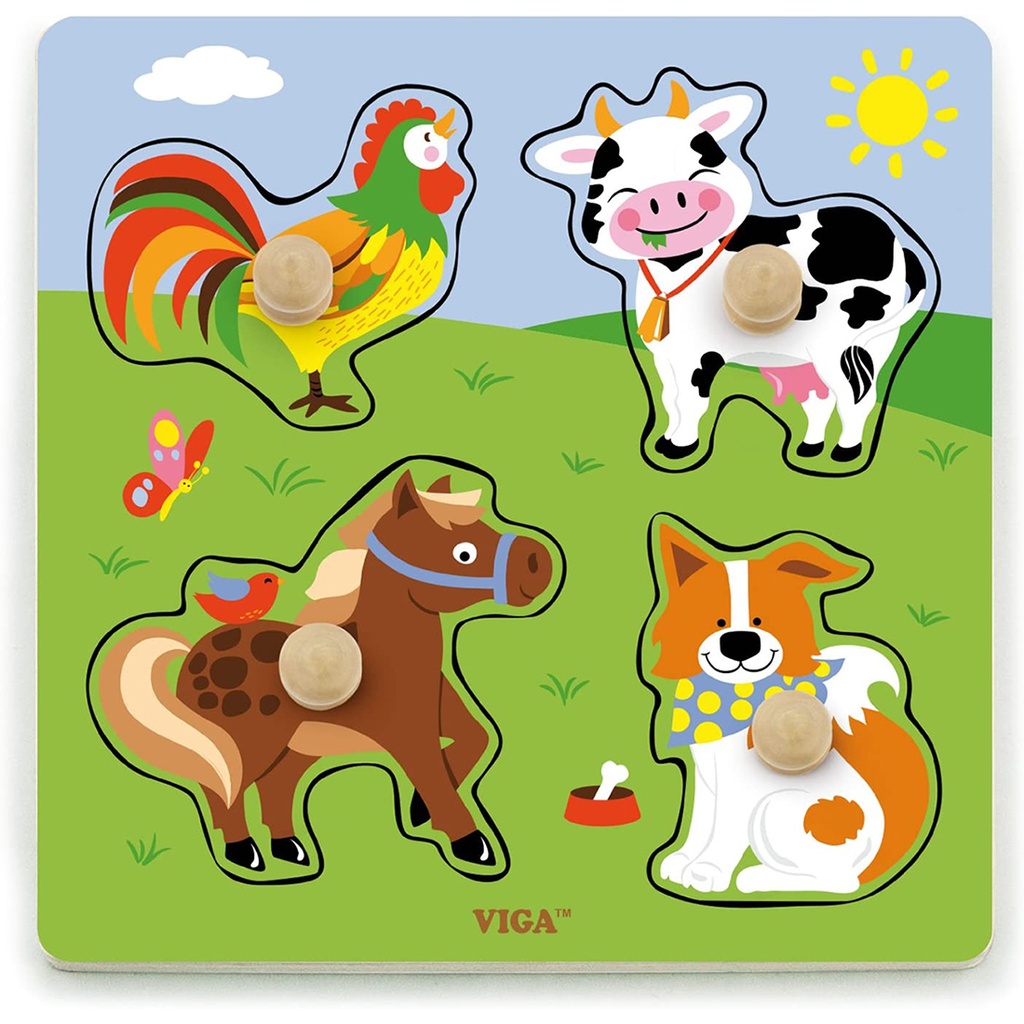 [6934510508395] Flat Puzzle w/Big Wooden Knob: Farm - Viga 50839