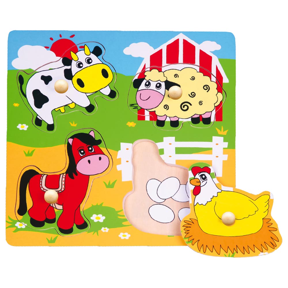 [6934510595623] Flat Puzzle w/Wooden Knob: Farm Animals - Viga 59562
