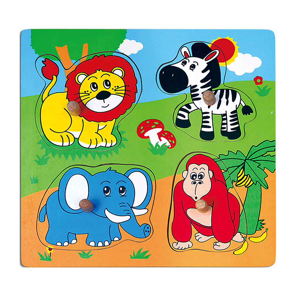 [6934510595630] Flat Puzzle w/Wooden Knob: Wild Animals - Viga 59563