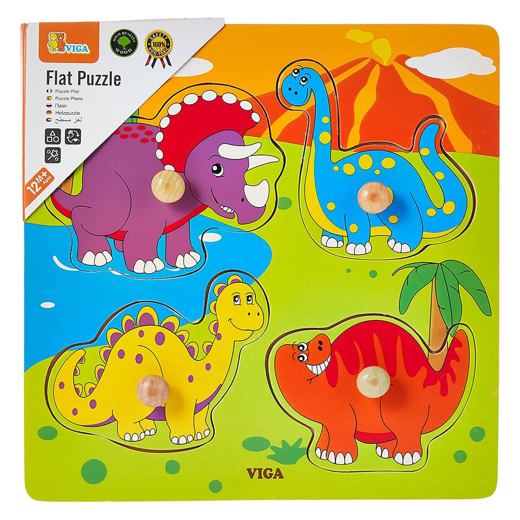 [59565] Flat Puzzle w/ Wooden Knob: Dinosaurs - Viga 59565