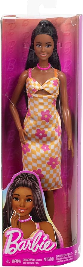 BarbieFashionistas Doll  Pink & Orange Check Dress-HYT91