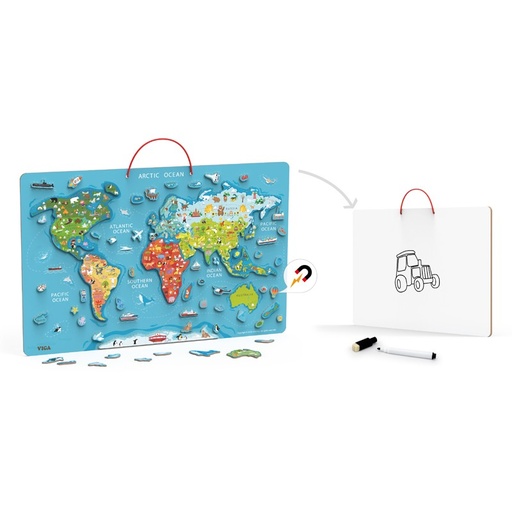 [6971608445088] Magnetic World Puzzle + Dry Erase Board - Viga 44508