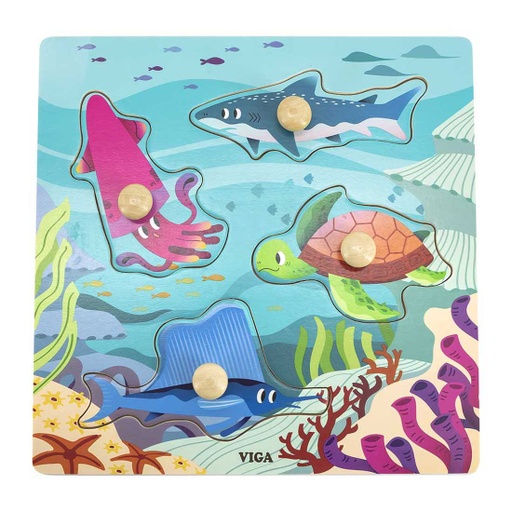 [6971608445941] Wooden Knob Puzzle: Sea Animals - Viga 44594