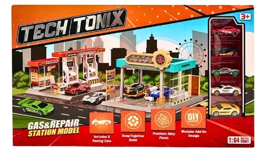 [6947912718736] City Gas Station Repair Station w/ 5 Alloy Cars-MH-628